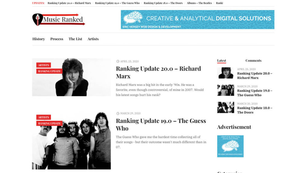 Monetize Blog MusicRanked.com Showing Eric Hersey advertisments