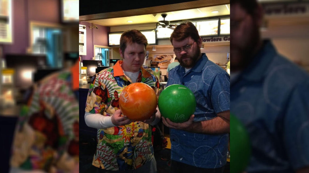 Eric and Todd Hersey with Bowling Shirts and Bowling Balls