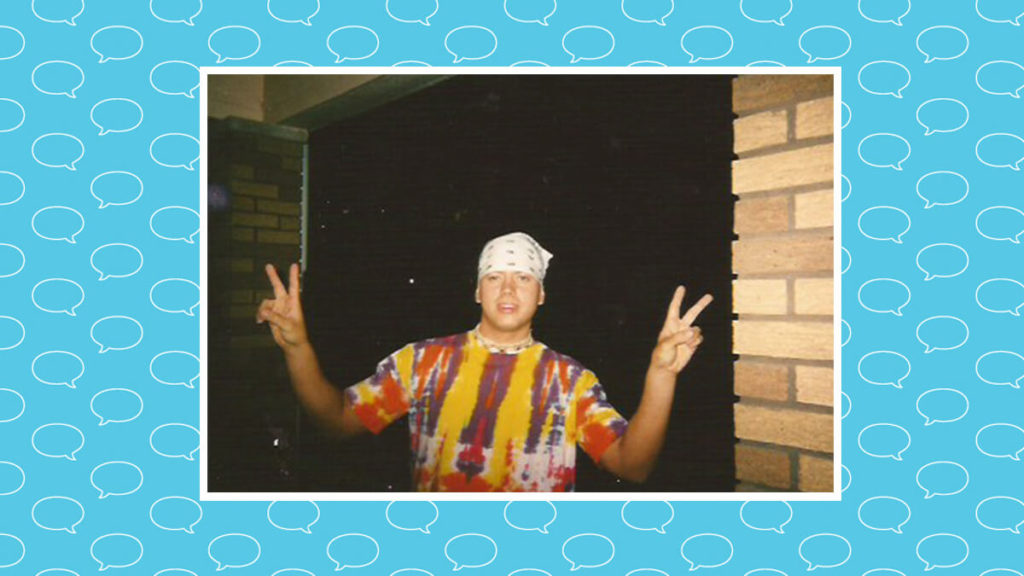 Justin Benline dressed as a Flower Child