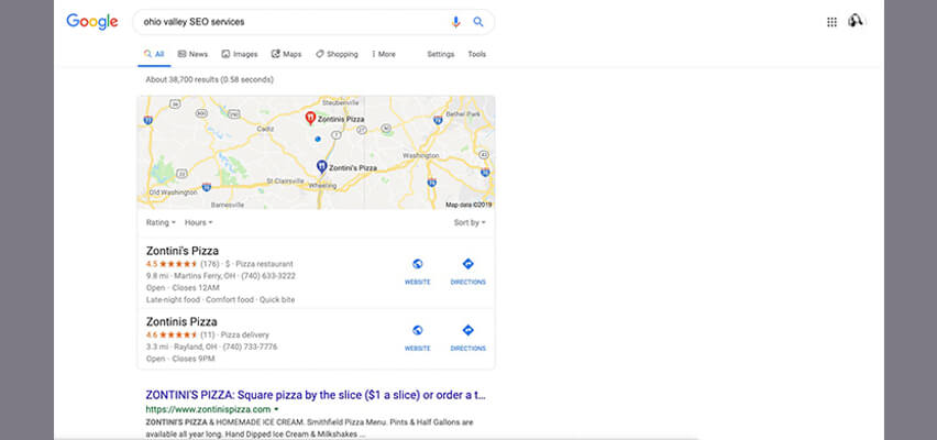 Searching on Google for SEO Services and getting Pizza results