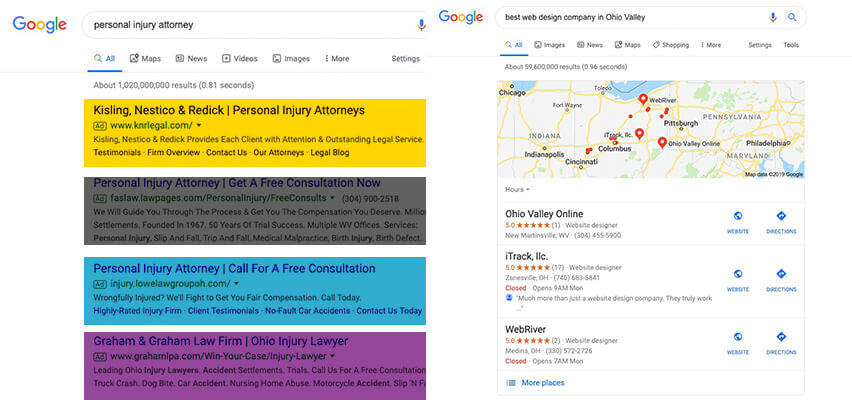 Above the fold side by side of Google results for Attorney and Web Design